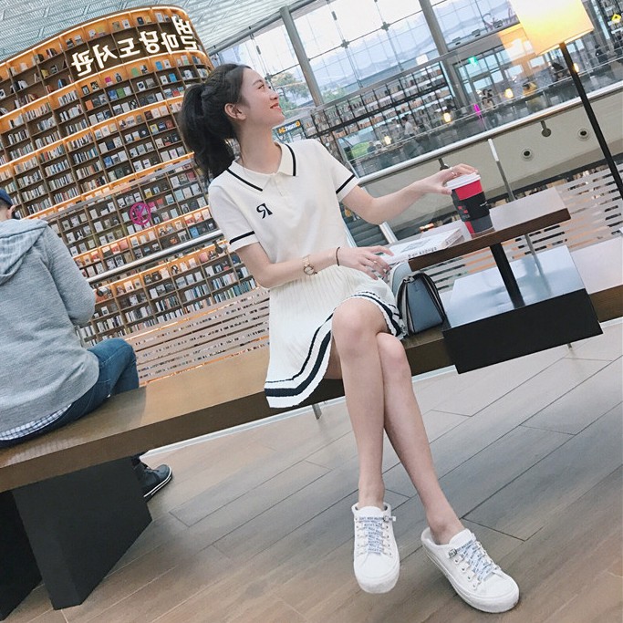 Set Trang Phục Xiaozhainv Áo Thun Cổ Bẻ Tay Ngắn + Chân Váy Chữ A Cạp Cao Đon Giản Thời Trang Cho Nữ | BigBuy360 - bigbuy360.vn