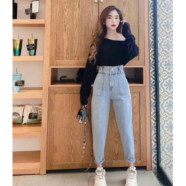 Quần baggy jean nữ lưng cao, chất bò, màu xanh trơn (kèm video +ảnh thật) ms121a