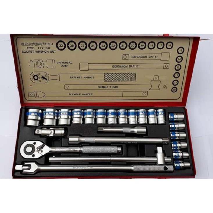 Bộ tuýp 1/2 25 chi tiết BAKER U.S.A 25PCs 1/2 DR SOCKET WRENCH SET + Cần tự động cần trượt chữ T + cần lắc léo + đầu nối