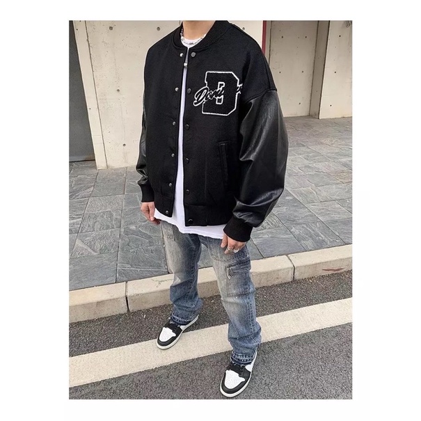 Áo Khoác Bomber Phối Tay Da Nam Nữ T-A-N Form Rộng Vai Sệ-AKD8-kaki hình Thêu tay da model shop màu đen có video