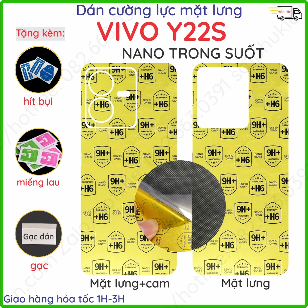 Dán cường lực mặt lưng Vivo Y22 Y22S nano trong suốt chống bể kính lưng, nhám chống vân tay chuẩn cường lực 9H+