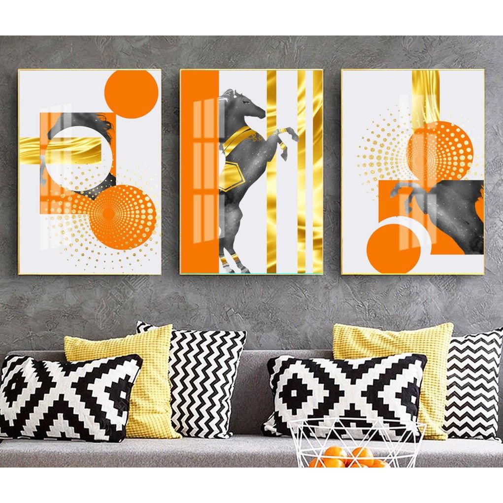 Combo Set 3 Tranh Treo Tường Canvas Ngựa Phong Thuỷ Trừu Tượng Hiện Đại Trắng Đen Cam Vàng Decor Phòng Khách - MELYHOME
