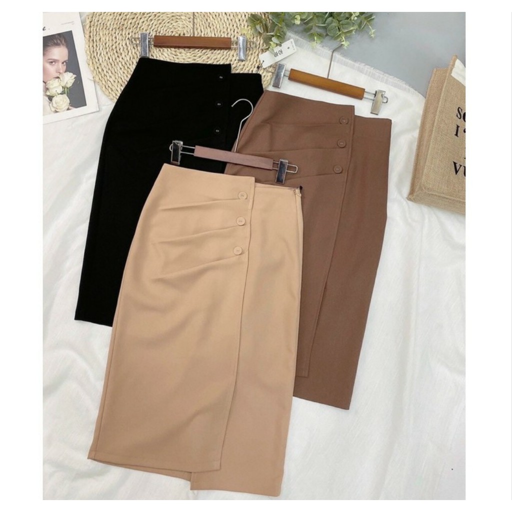 Chân váy công sở, Chân váy bút chì dáng dài -bọc cúc-qua gối- 2 màu đen,nâu | BigBuy360 - bigbuy360.vn