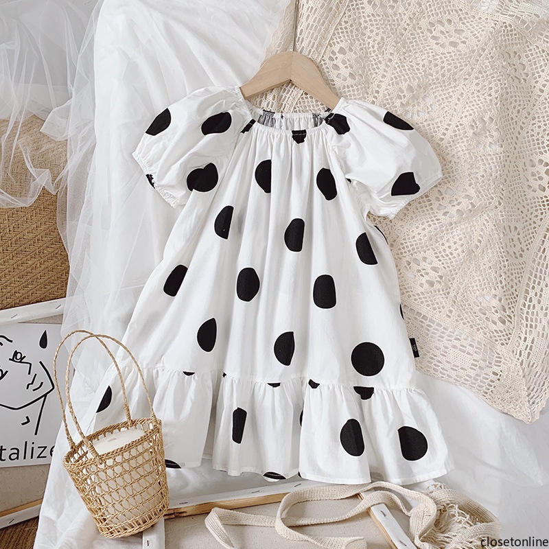 Đầm Công Chúa Tay Ngắn Phồng Cột Dây In Họa Tiết Chấm Bi Thời Trang Ngọt Ngào Cho Bé Gái