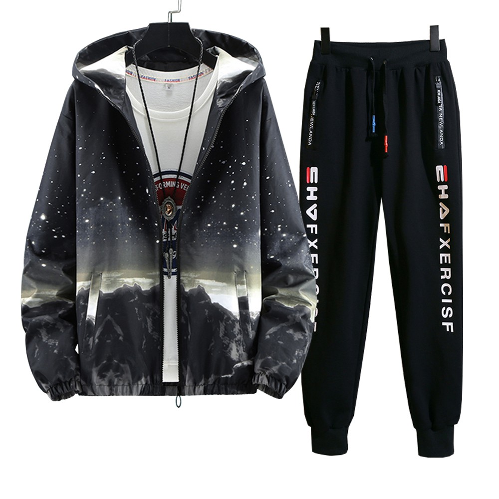 Bộ Đồ Thu Đông Nam Áo Khoác Nhẹ Mũ Trùm Đầu In Hình Phong Cảnh Phối Quần Jogger Bo Gấu ZENKODLMEN SET NAM 90000131
