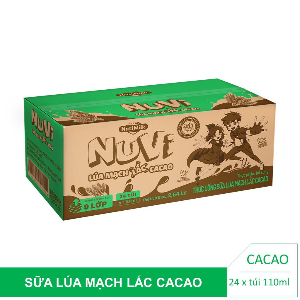 Thùng 24 túi NuVi Thức uống Sữa Lúa mạch Lắc Cacao túi 110 ml