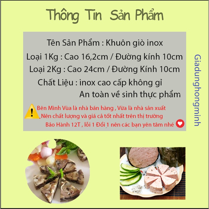 [CHÍNH HÃNG⚡] Khuôn Làm Giò Chả Lụa, Giò Thủ Loại 1 Chuẩn Inox 304 Cao Cấp 1-2 kg Tiện Lợi