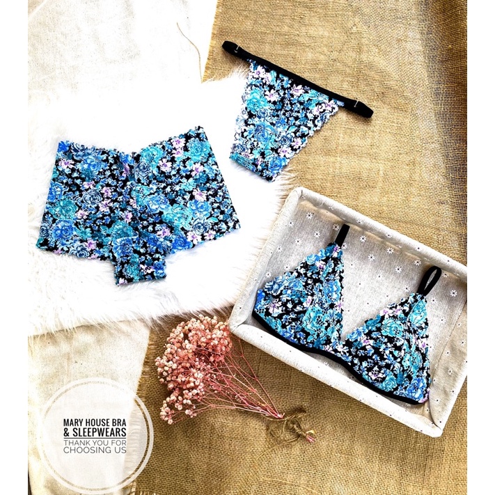 Bộ bralette ren mút ngực hoa xanh Mary House Bra & Sleepwears