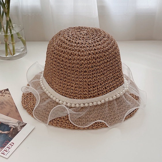 Mũ tai bèo đan cói rộng vành mỏng phối ren bèo đính ngọc trai chống nắng thời trang đi biển mùa hè thoáng mát cho nữ