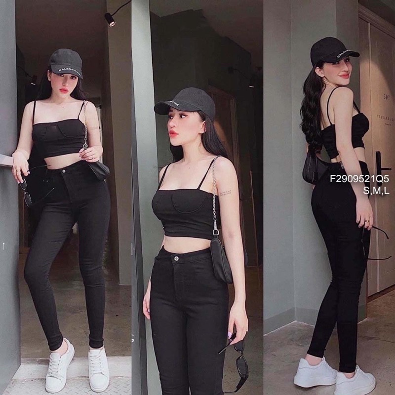 Quần jean đen dài ôm lưng cao một nút co giãn!