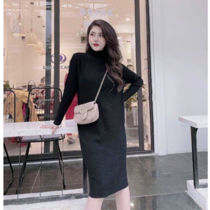 Váy đầm suông chất len gân dày dặn co giãn 2 màu đen,nude -ĐS01
