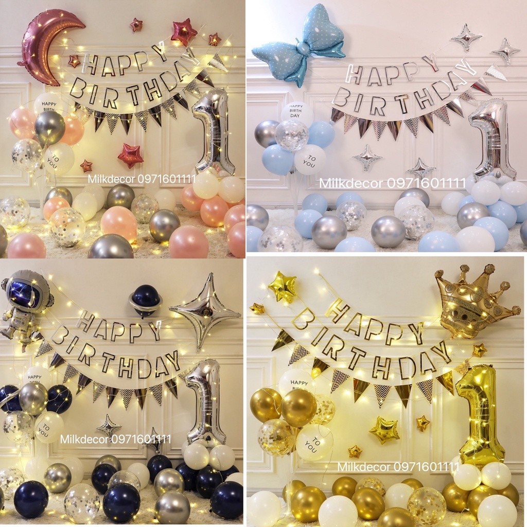 Set bóng bay trang trí sinh nhật bé trai và bé gái [ Siêu đẹp kèm đèn led và bơm tay keo dán]