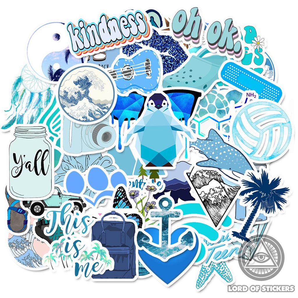 Set 50 Nhãn Dán Sticker Cute VSCO Phong Cách Hoạt Hình Màu Xanh Blue Chống Thấm Nước Trang Trí Mũ Nón Bảo Hiểm, Vali, Sổ