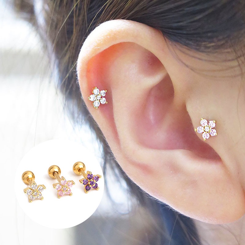 Bông Tai Bằng Thép Không Gỉ Mạ Vàng 18K Hình Cỏ Bốn Lá Đính Kim Cương