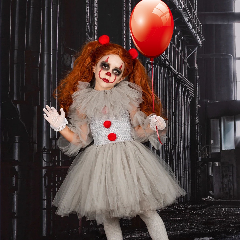 Đầm Hóa Trang Harley Quinn Phối Lưới Thời Trang Halloween Cho Bé Gái