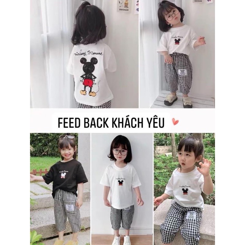 Bộ Bé Gái MicKey Mouse Trắng - Đen Phối Quần Kẻ Caro Lỡ Cho Bé -Nhà Cam