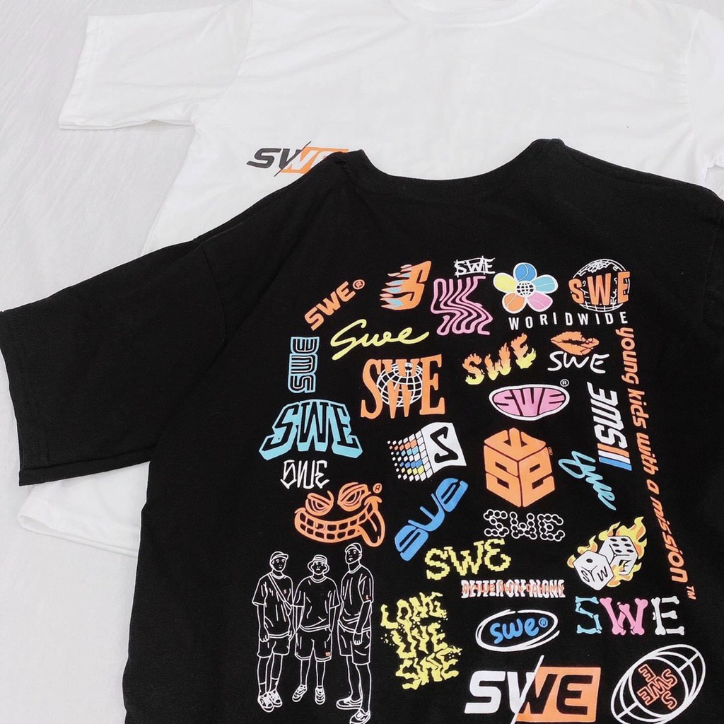 Áo Phông Unisex S.WE Logos Tay Lỡ Form Rộng - Áo Thun Unisex Chất Liệu Cotton 2 Màu Đen Trắng Logos S.WE AT010