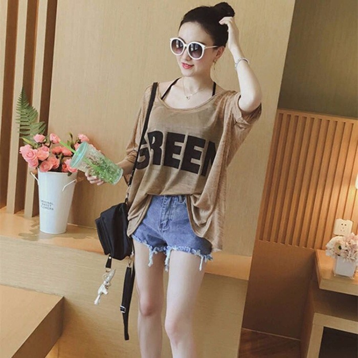 Set Áo Thun Tay Lỡ Trong Suốt Phối Áo Hai Dây In Chữ Size Lớn M-4xl Cho Nữ