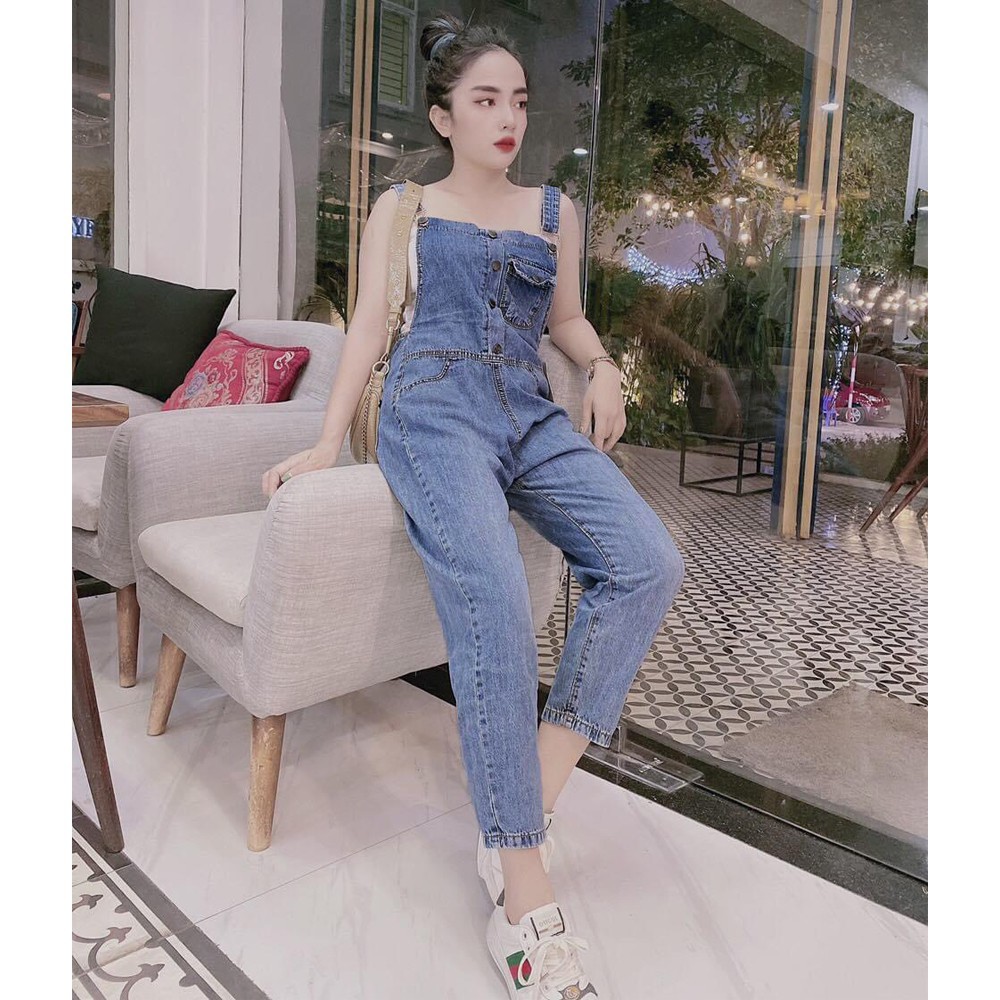 Quần Yếm Jeans Dài Nữ Chất Bò Phối Túi Kèm Cúc Trước Phong Cách Ulzzang Hàn Quốc - 424