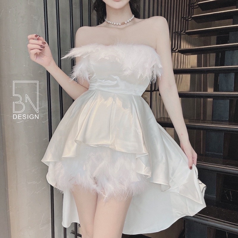 Váy Trắng Xoè Cup Ngực Lông Vũ Đuôi Cá Dự Tiệc Sang Trọng Tiểu Thư Chất Taffa V289 Freesize AĐ BOUTIQUE