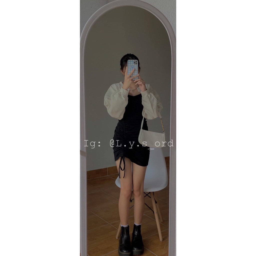 Set đồ đi chơi romwe áo khoác trắng cardigan kèm váy hai dây rút đùi form dưới 60kg thời trang Hàn Quốc