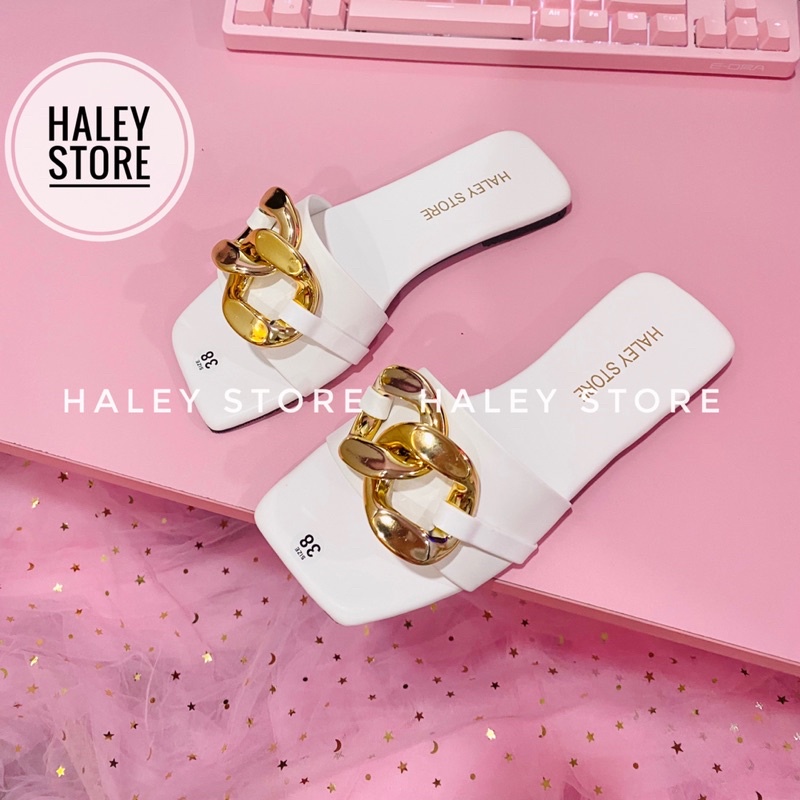 Dép nữ đế bệt quai ngang đính xích to Hottrend 2021 HALEY STORE