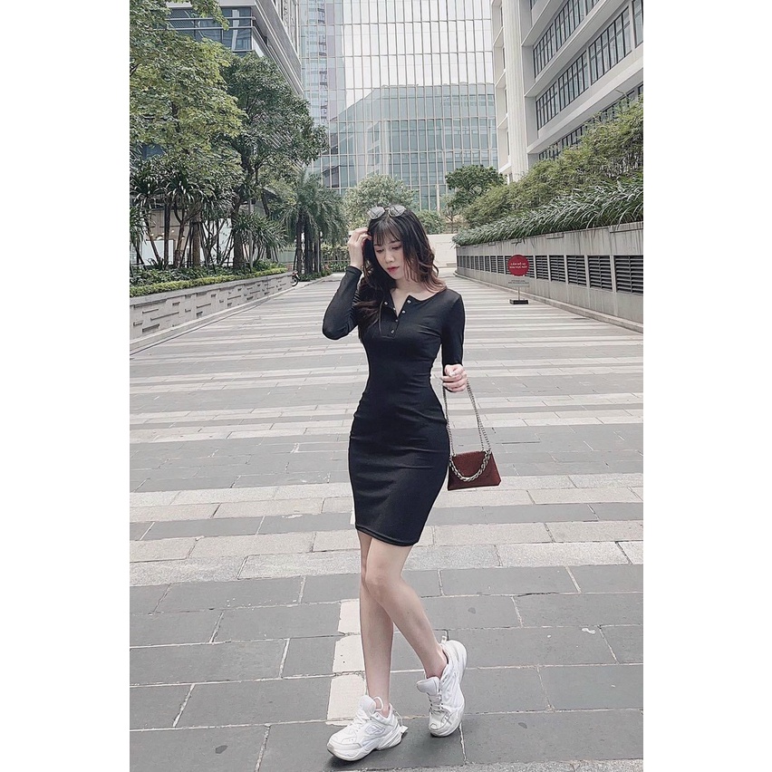 Đầm body nữ tay dài có nút bấm hai màu đen- đỏ, váy nữ body xinh ôm dáng MIDORI247