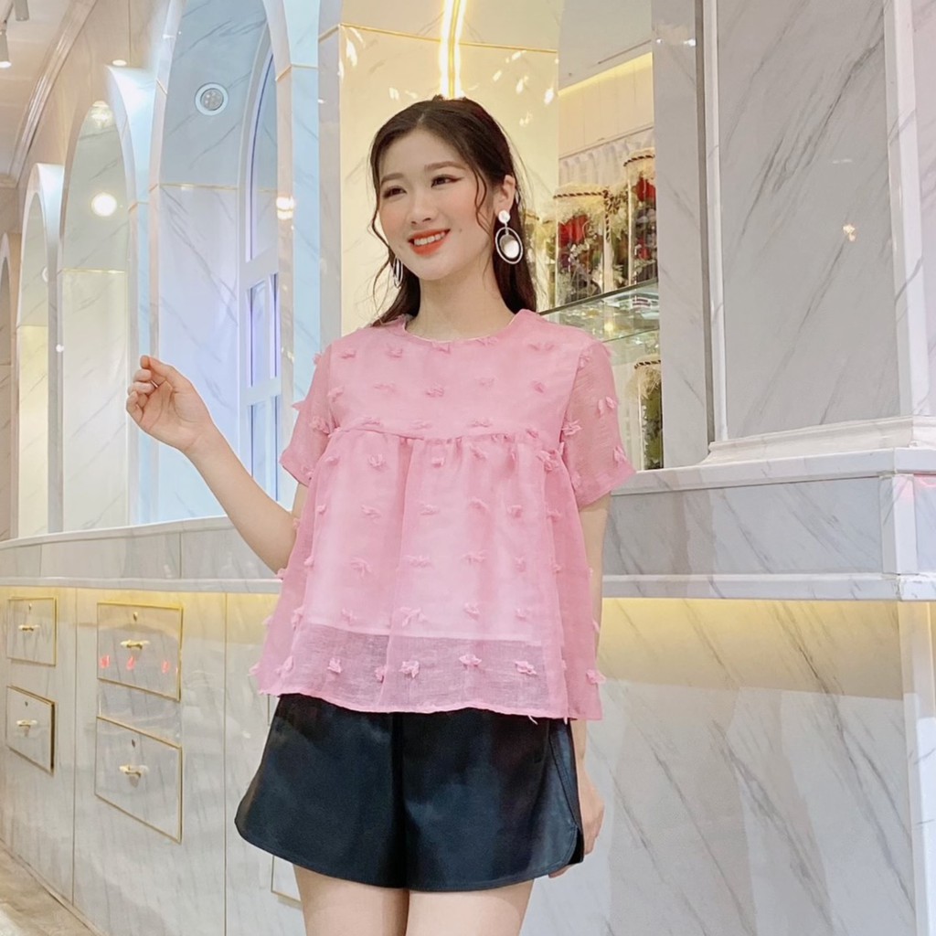 Áo Kiểu Nữ Babydoll Hoa Nhí - Rere.Store [FREESHIP] - Áo suông nữ cổ tròn phối hoa nhí Vintage