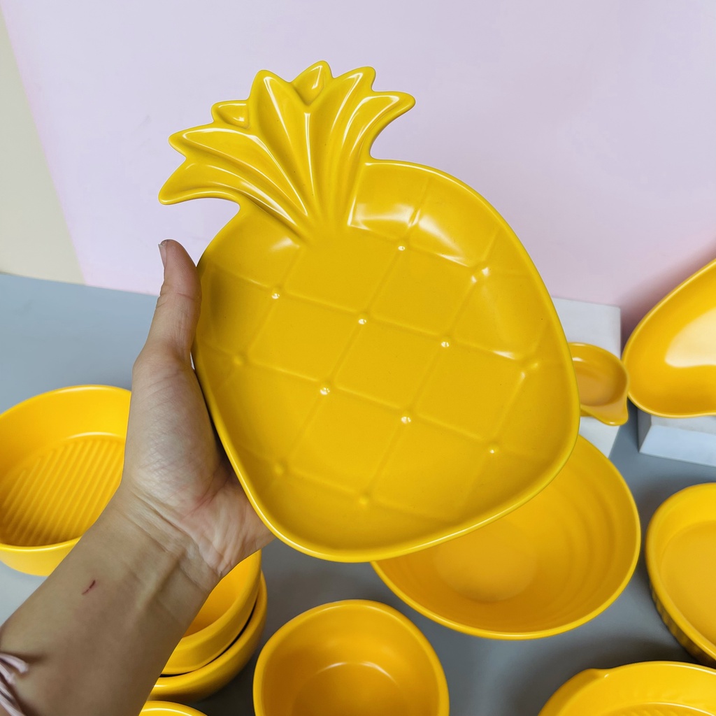 Sét bát đĩa gốm sứ decor trang trí đồ ăn siêu đẹp bộ màu vàng 15 món