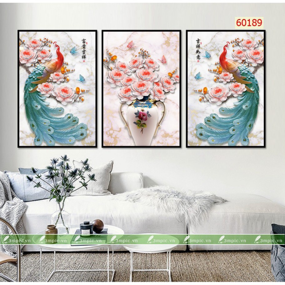 Tranh Treo Tường Phòng Khách Bộ 3 CHim Công/ Đôi Công Hoàng Kim Tráng Gương Phòng Ngủ Khách Sạn Decor Nhà Cửa Quà Tặng