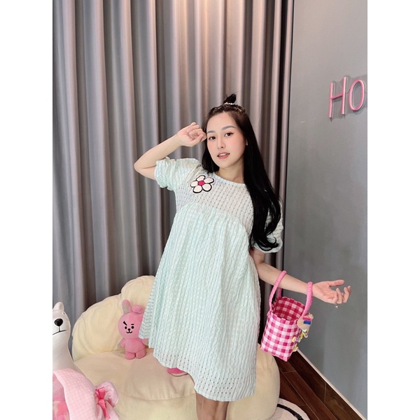 ĐẦM BABYDOLL TAY PHỒNG ĐÍNH HOA DỄ THƯƠNG, NỮ TÍNH - 3 MÀU