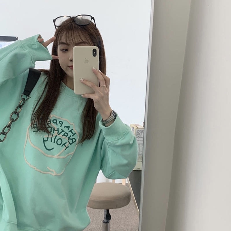 Áo sweater nỉ mỏng mùa thu nữ in chữ màu pastel xanh mint siêu xinh mẫu mới thu đông kiểu Hàn có size