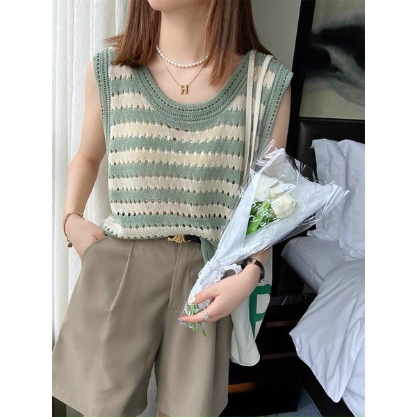 Áo len 3 lỗ sọc to dáng rộng Áo len mỏng kẻ ngang sát nách cộc tay Junnie Closet