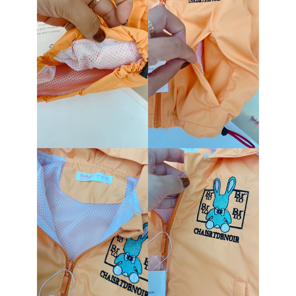 Áo khoác bé gái, bé trai, áo gió 2 lớp họa tiết thỏ thêu BRLO vải chính phẩm siêu đẹp cho bé