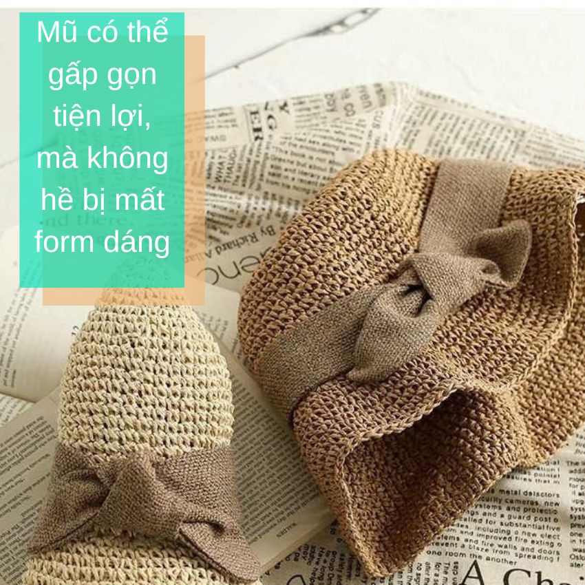 Mũ cói mềm phối nơ vải