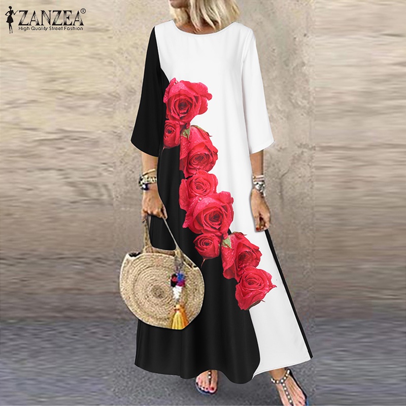 Đầm dài ZANZEA dáng rộng tay 3/4 in họa tiết hoa phong cách vintage dành cho nữ