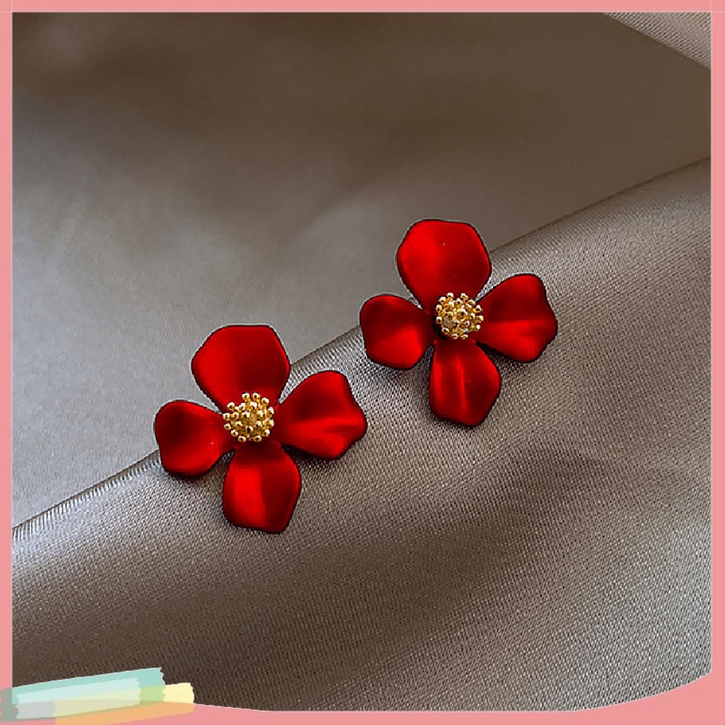 1 Đôi Bông Tai Hình Hoa Bốn Cánh Màu Đỏ Ngọt Ngào Dành Cho Nữ