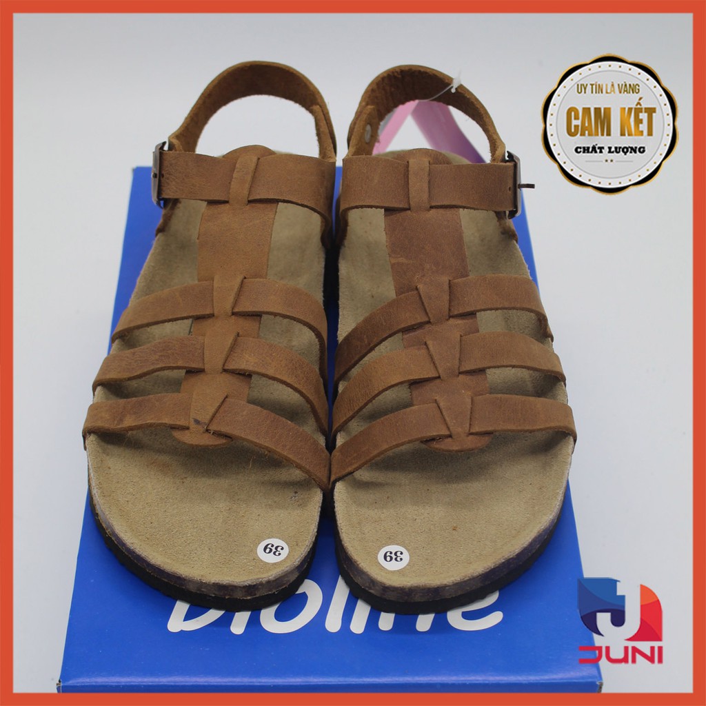 [DA BÒ THẬT] D12-Dép da bò quai ngang Birken Bioline Unisex (Đế trấu) - Juni Store
