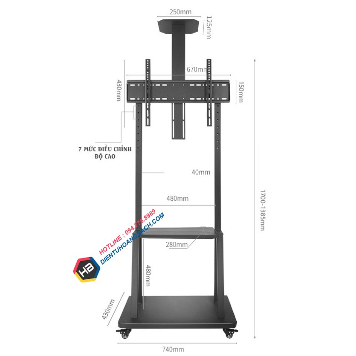 [ Ưu Việt Hơn NB AVA1500 ] Giá Treo Tivi Di Động 1700A 40 - 65 Inch - Giá Treo Tivi Có Bánh Xe Chuyên Dụng Phòng Họp