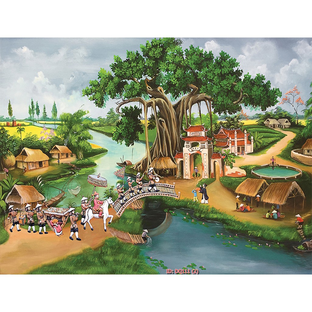 Tranh dán tường Tranh đồng quê rước dâu về làng, tranh dán tường 3d hiện đại - tích hợp sẵn keo