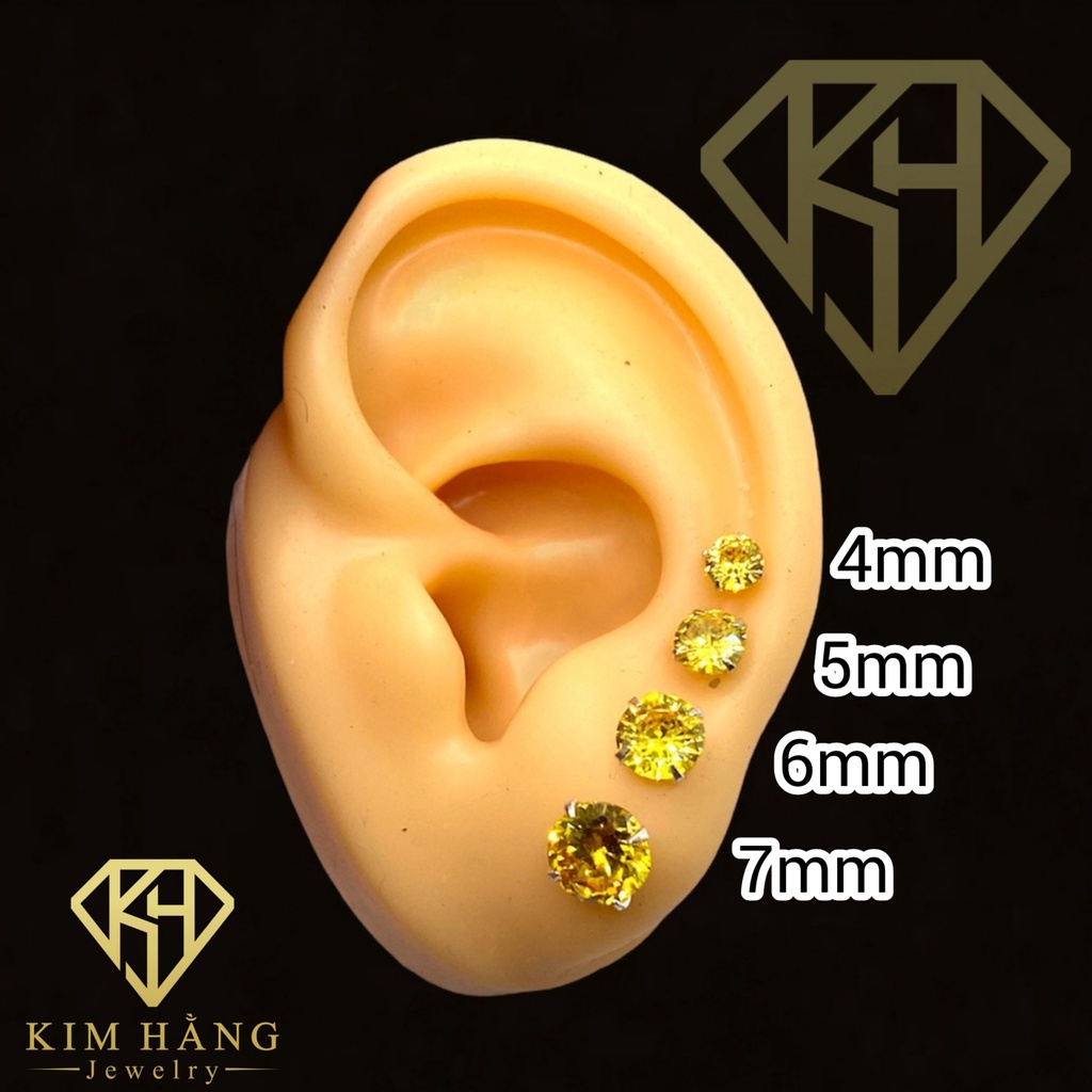 Khuyên Tai Bạc Nụ Tròn Đá Vàng - Chốt Đẩy