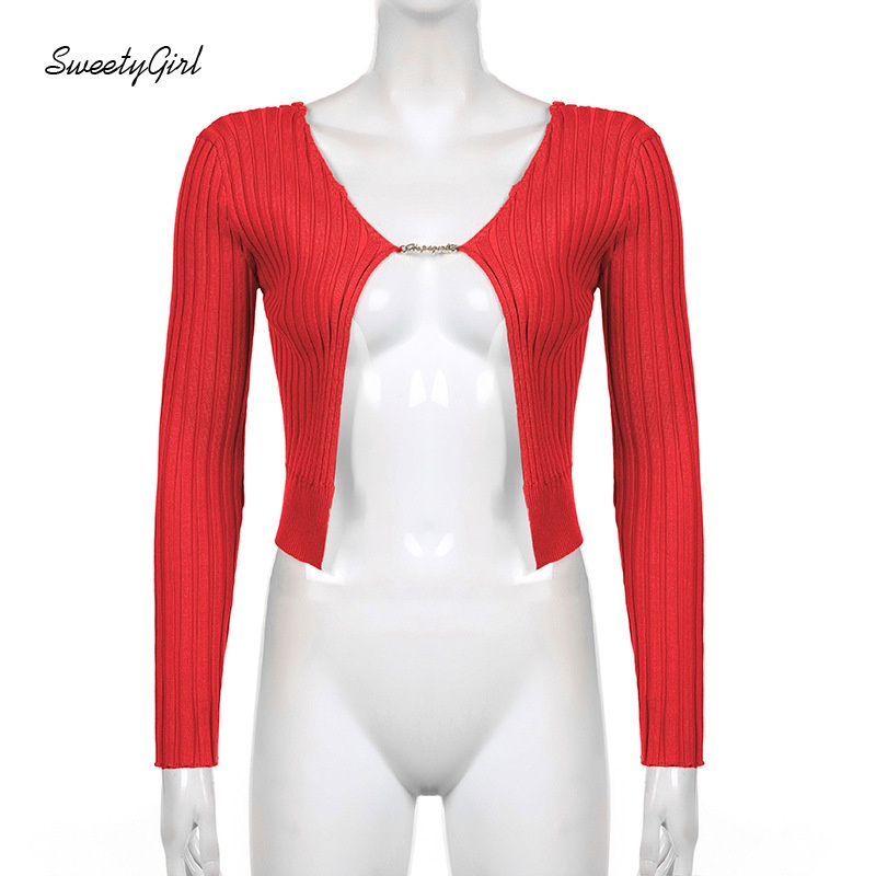 Áo Croptop Dệt Kim Tay Dài Cổ Chữ V Màu Trơn Phong Cách Đường Phố Thời Trang Dành Cho Nữ