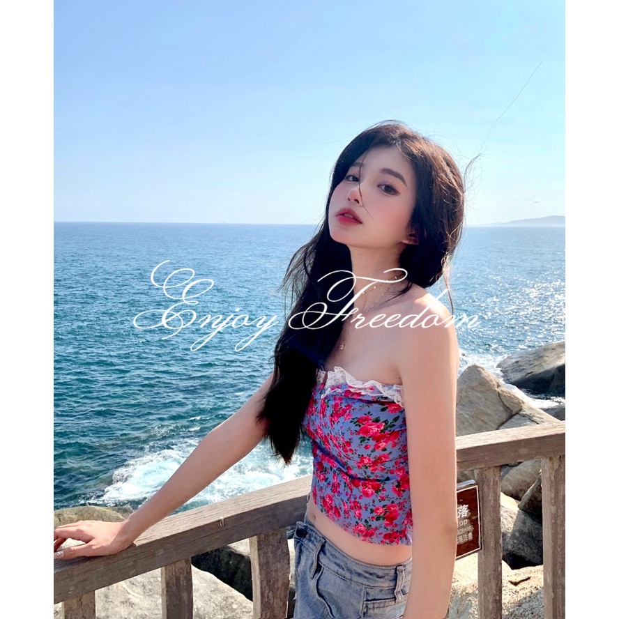 Enjoy Freedom Áo Quây Ngực Không Dây Phối Ren Họa Tiết Hoa Quyến Rũ Cho Nữ áo croptop