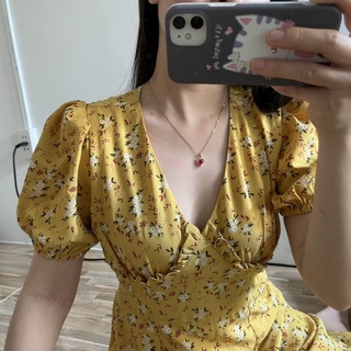 Đầm hoa nữ cổ V đuôi cá tay phồng