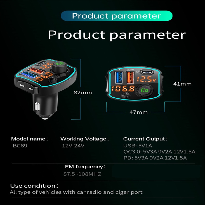 QQ* Car Bluetooth-compatible 5.0 FM transmitter Dual LCD display Car Mp3 Player Handsfree Car Kit QC3.0 PD18W Quick charge U Disk Music Player