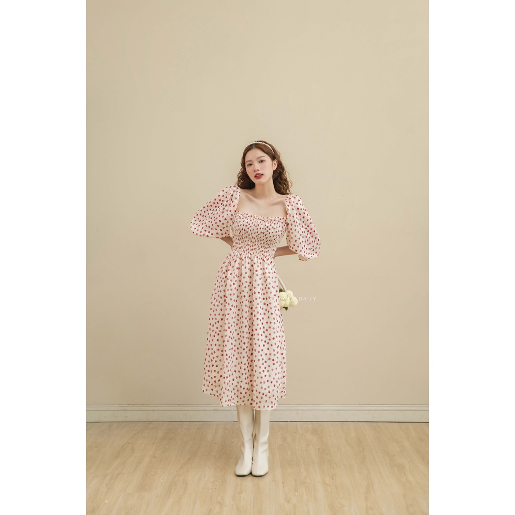 Váy hoa nữ nhún ngực tay bồng Peachy Daily- MINA DRESS chất liệu tơ ép