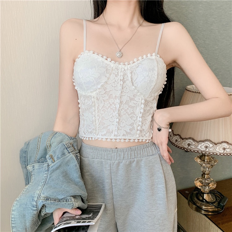 Áo Hai Dây Hở Lưng Phối Ren Có Miếng Đệm Ngực Kiểu Dáng Ngọt Ngào Quyến Rũ Cho Nữ