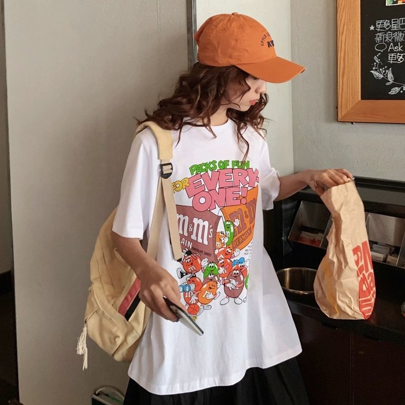 Short sleeve cotton T-shirt for women 2020 summer new Korean loose fun cartoon print white top for women