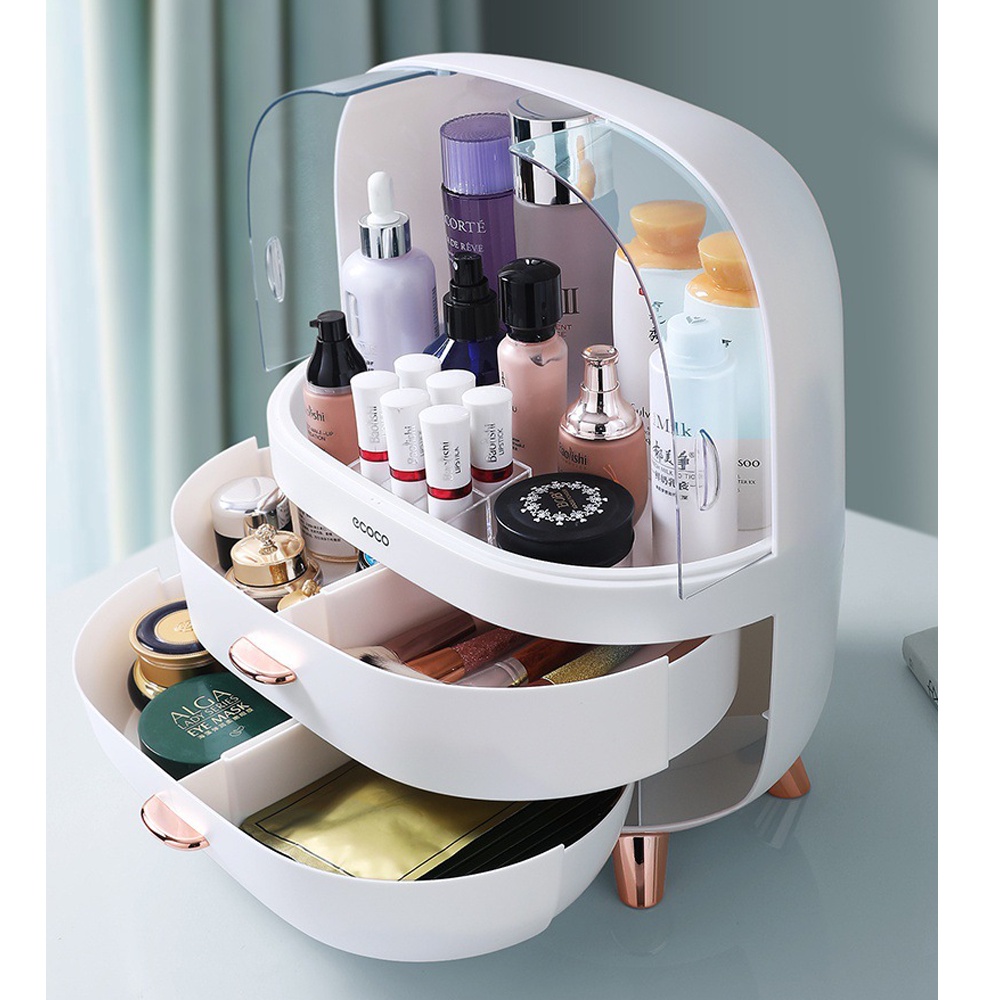 Hộp Đựng Mỹ Phẩm Để Bàn Ecoco Có Nắp Chống Bụi - 2 Ngăn Kéo, Hộp Mỹ Phẩm Mini, Kệ Để Đồ Đa Năng Nhựa ABS Cao Cấp