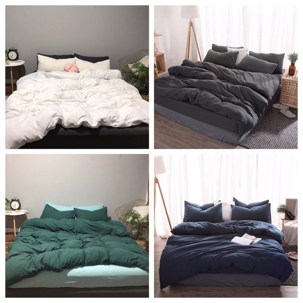 Trọn Bộ Chăn Ga Gối Đũi Cotton Thoáng Mát 1 Màu  Màu XANH THAN